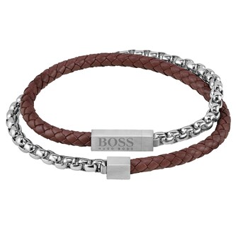 BOSS Brown Leather & Steel Double Wrap Bracelet