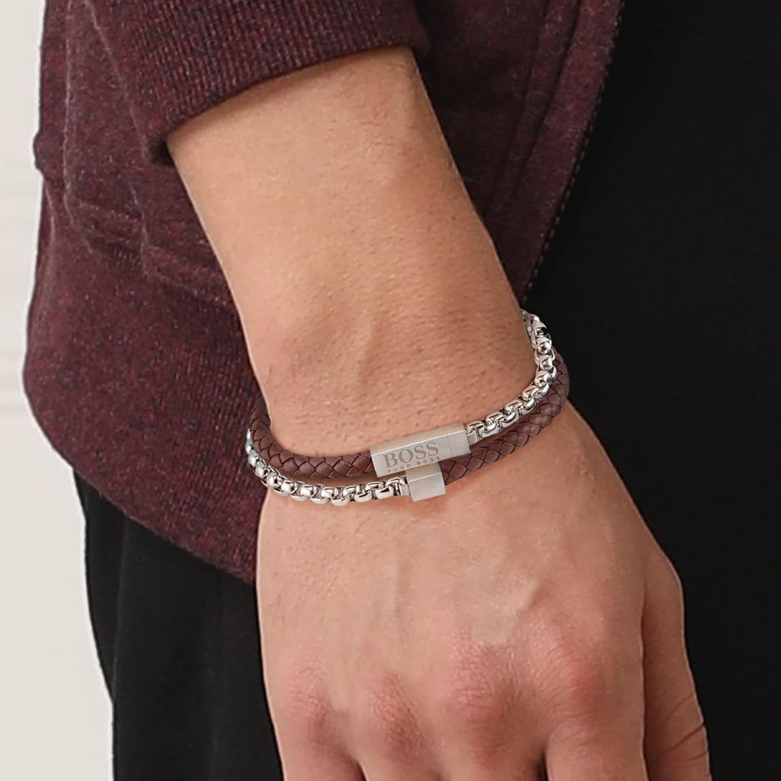 BOSS Brown Leather & Steel Double Wrap Bracelet