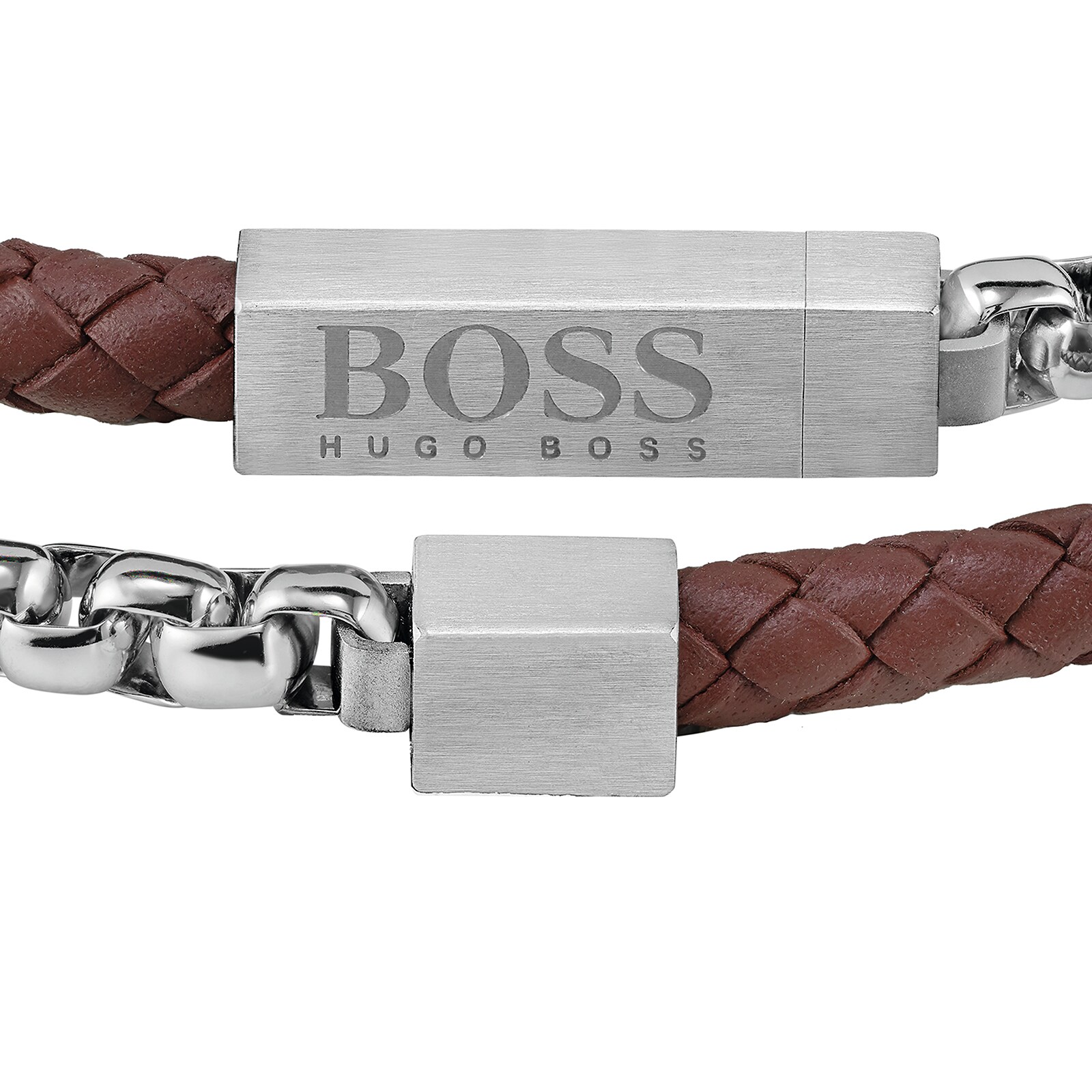 BOSS Brown Leather & Steel Double Wrap Bracelet 1580149M | Goldsmiths