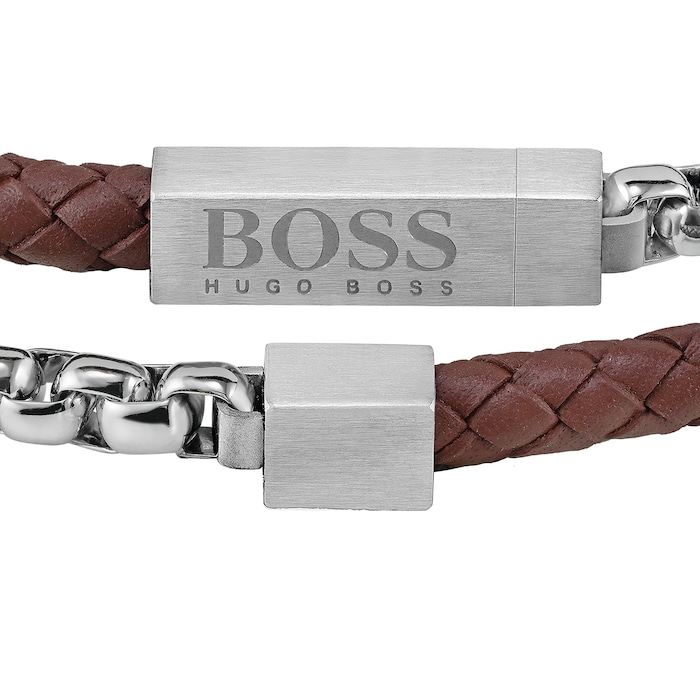 BOSS Brown Leather & Steel Double Wrap Bracelet