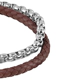 BOSS Brown Leather & Steel Double Wrap Bracelet