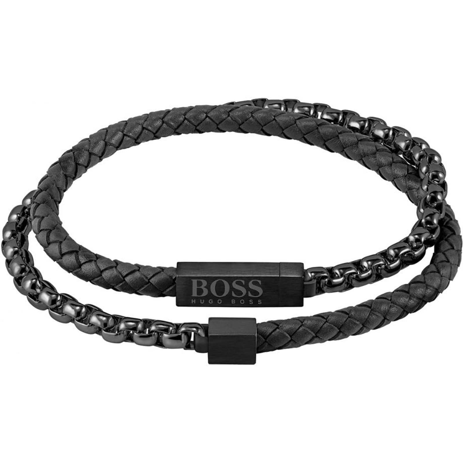 BOSS Black Leather & Steel Double Wrap Bracelet 1580150M | Goldsmiths