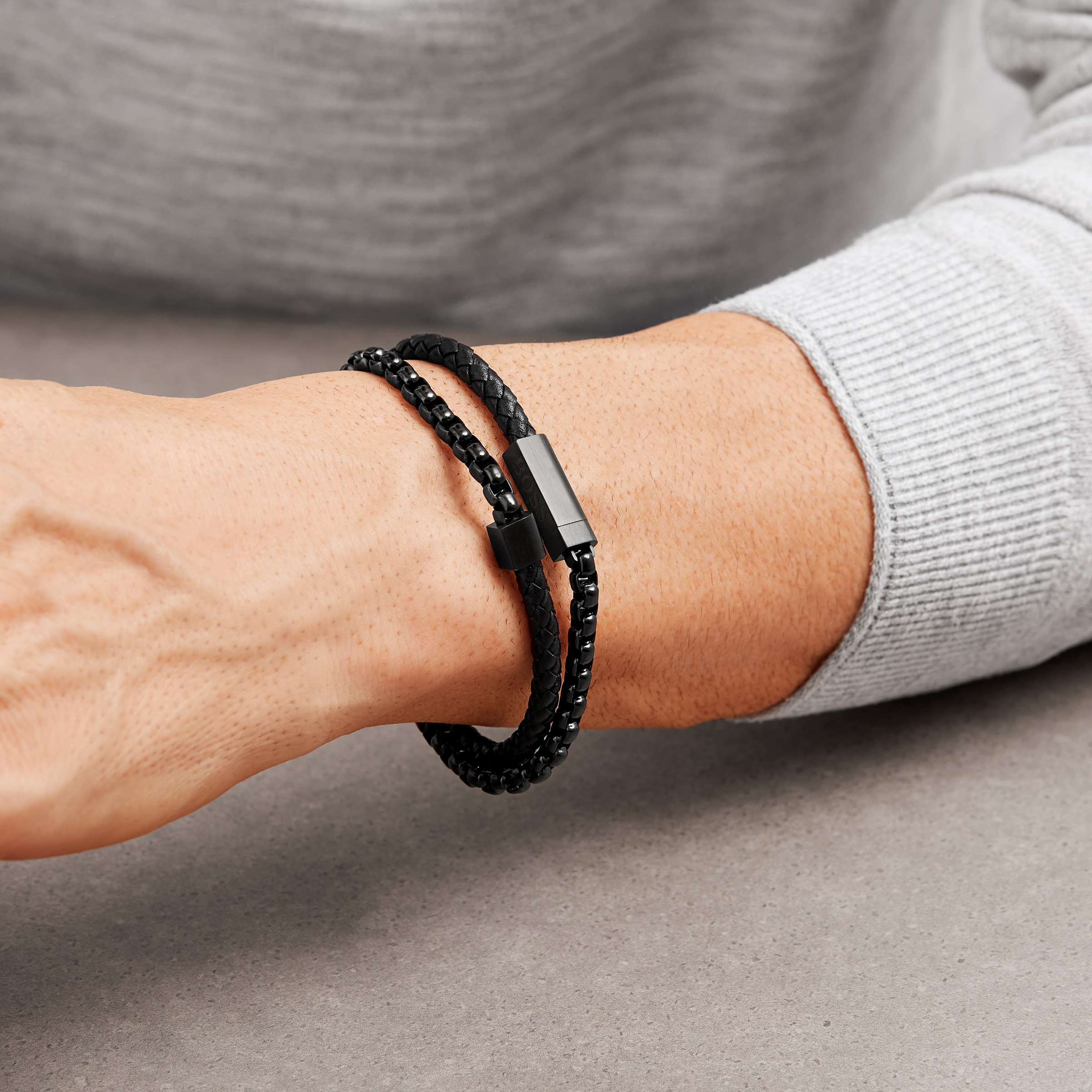 BOSS mens leather chain double wrap bracelet in black  ASOS