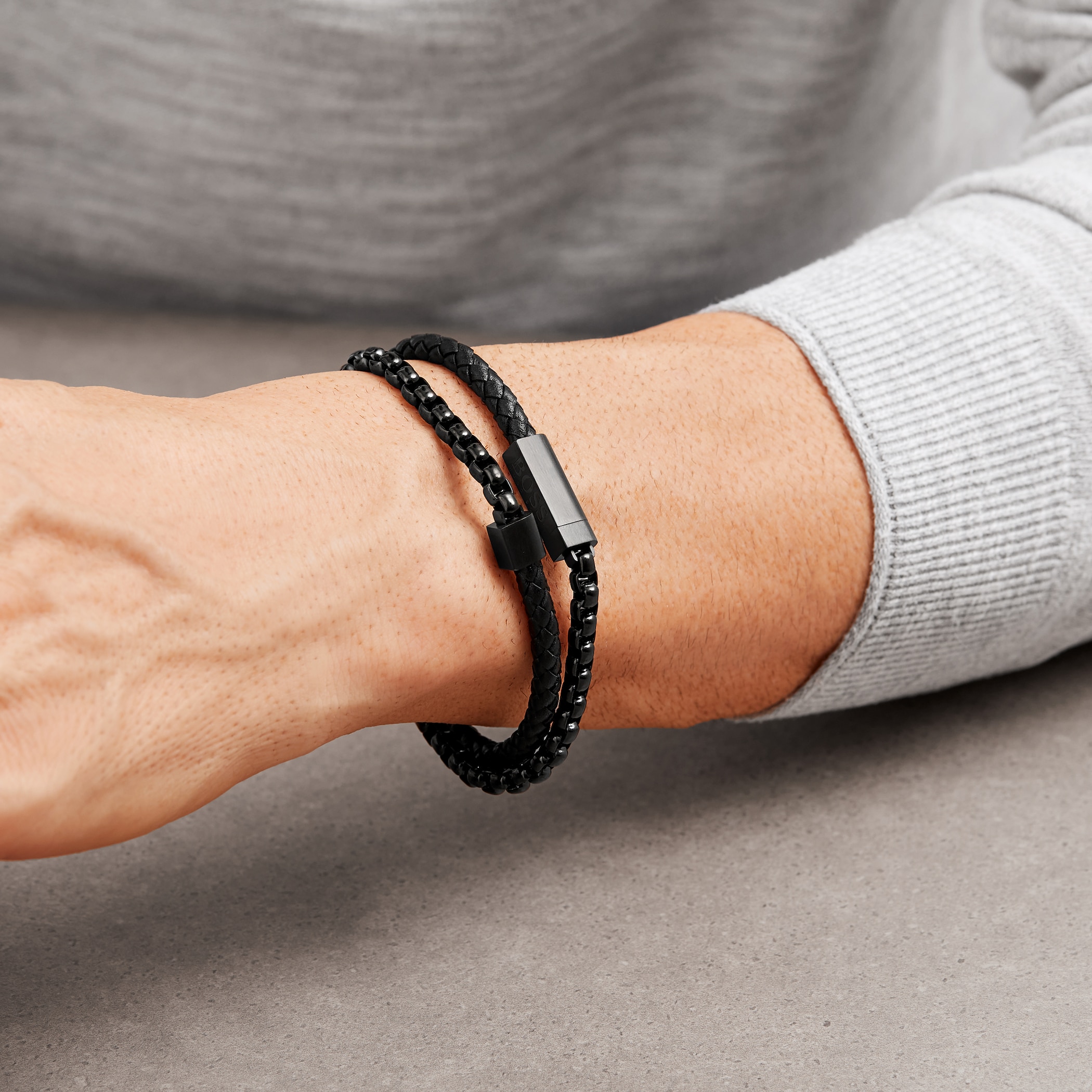 BOSS Black Leather & Steel Double Wrap Bracelet BOSS Black Leather & Steel Double Wrap Bracelet