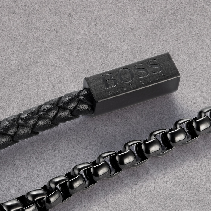 BOSS Black Leather & Steel Double Wrap Bracelet