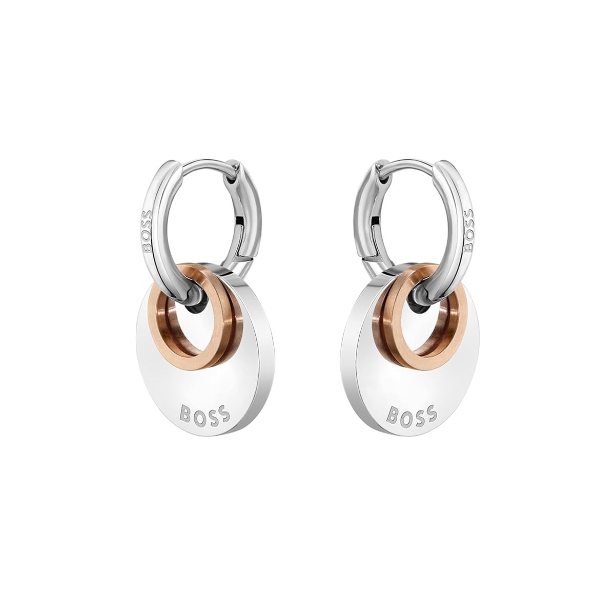 BOSS Ladies BOSS Rose Gold & Stainless Steel Medallion Huggie Earrings 