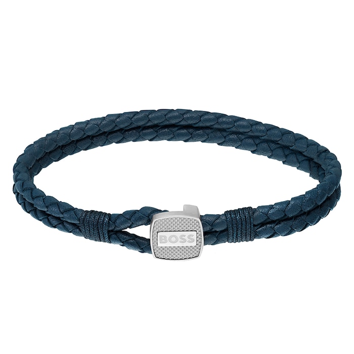 BOSS Gents BOSS Seal Blue Leather Braided Bracelet