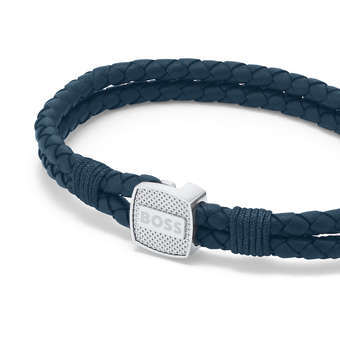 BOSS Seal Blue Leather & Stainless Steel Bracelet