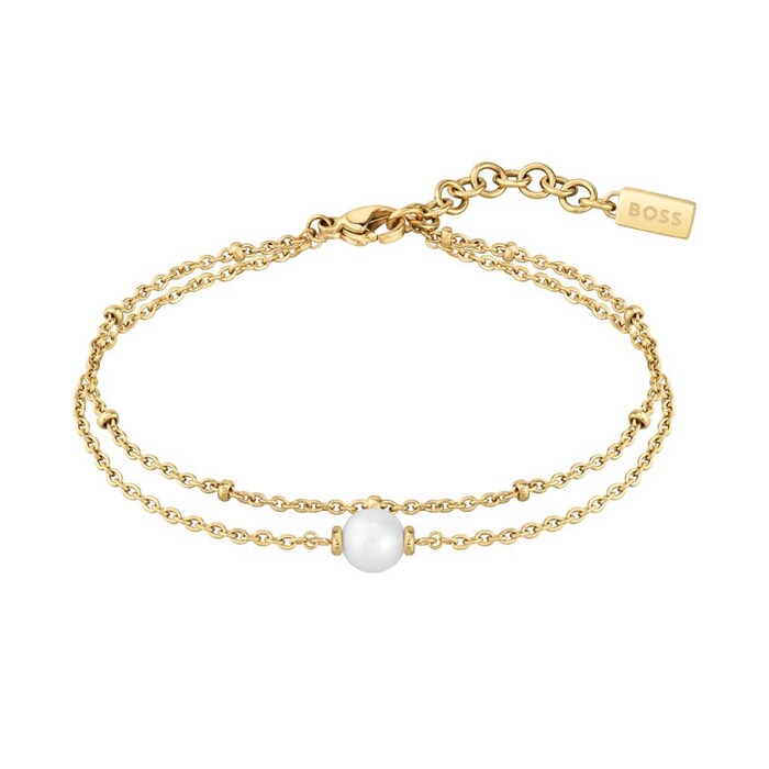 BOSS Yellow Gold Plated Pearl Double Chain Bracelet