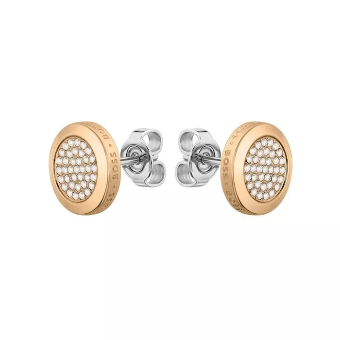 BOSS Rose Gold Plated Medallion Crystal Stud Earrings
