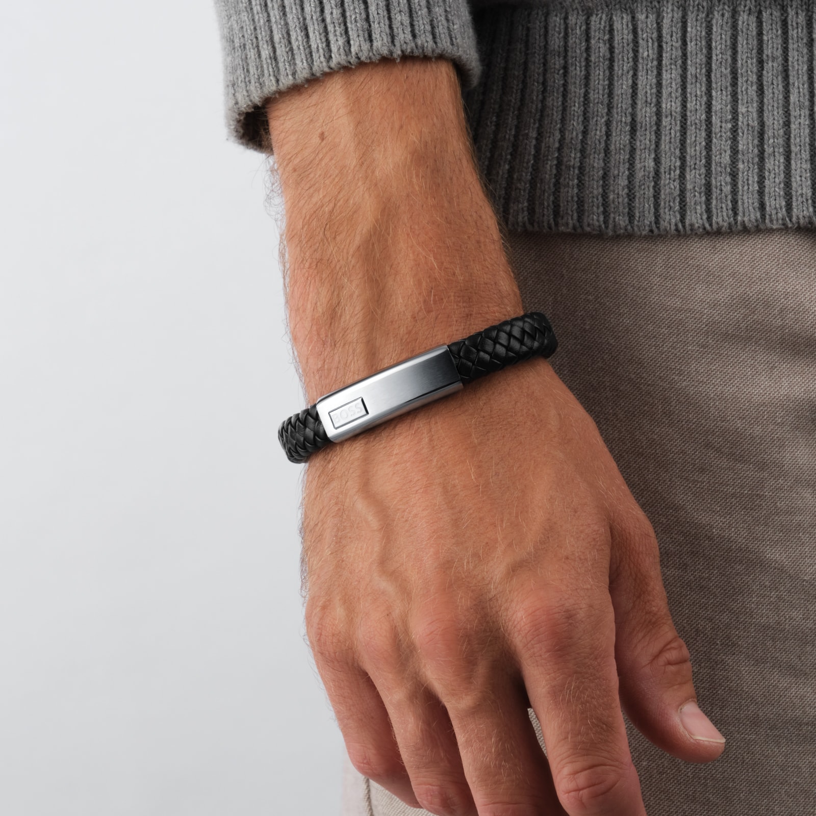 BOSS Mens Black Woven Leather Bracelet