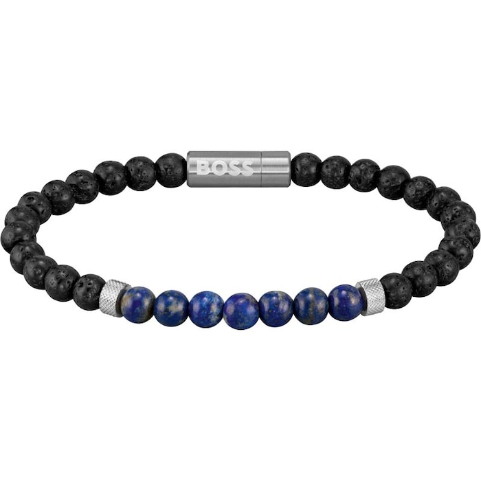 BOSS Mens Black Mixed Blue Bead Bracelet