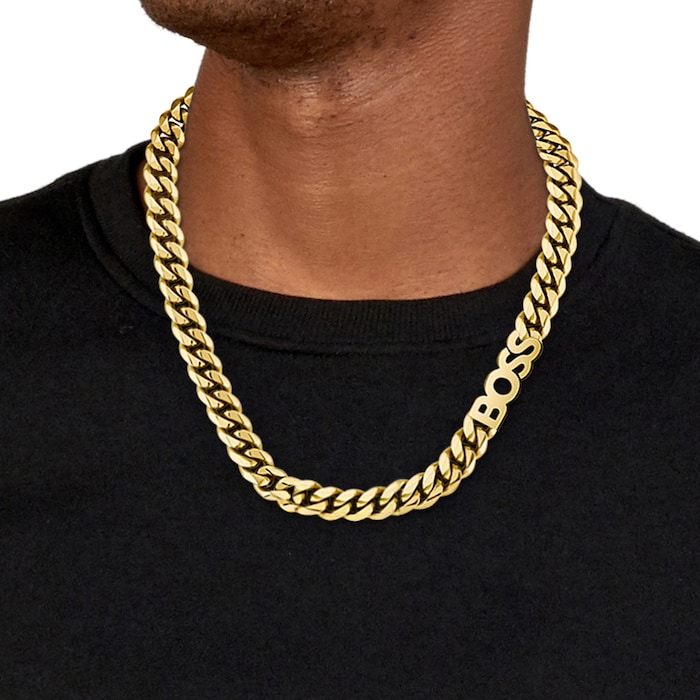 BOSS Gents BOSS Kassy Light Yellow Gold Coloured Chain Logo Necklace