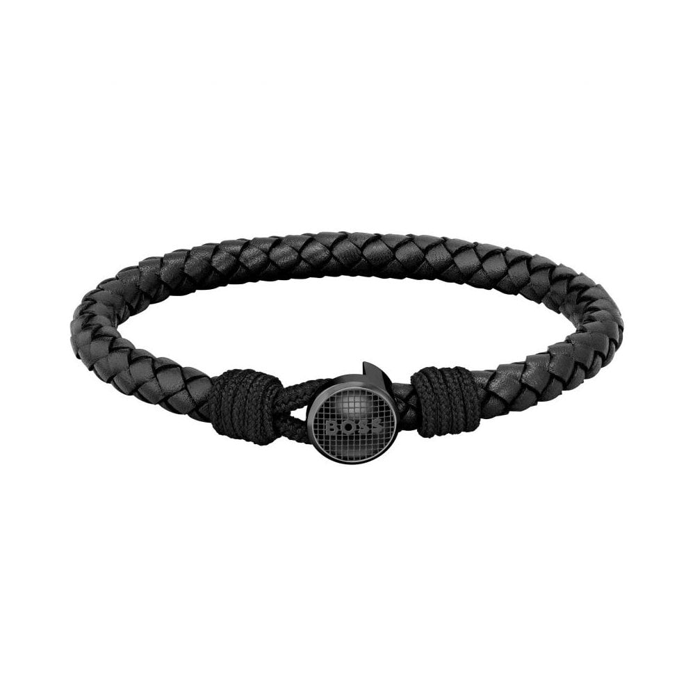 BOSS Mens Thad Classic Braided Black Leather Bracelet