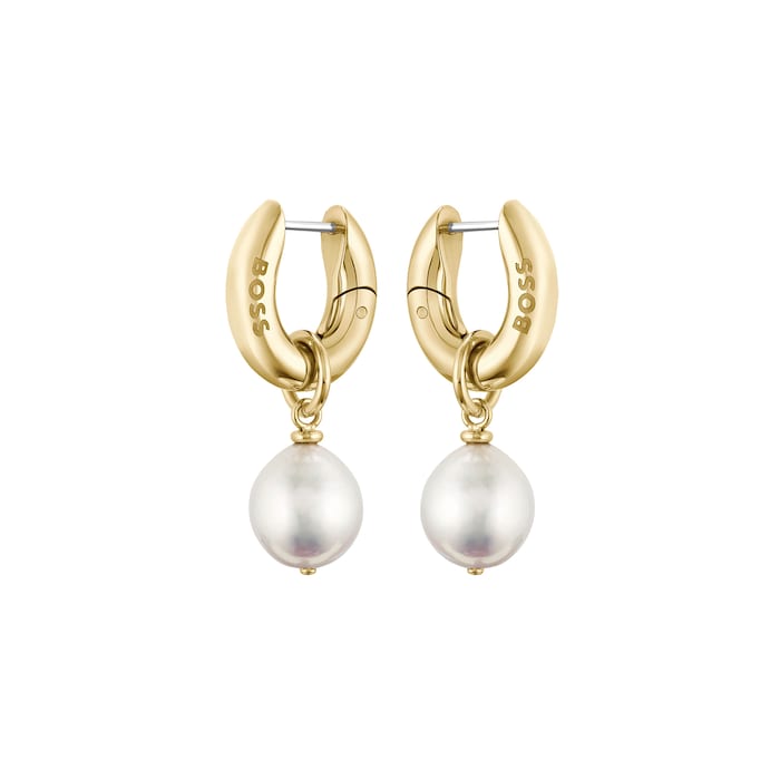 BOSS Leah Gold Coloured Baroque Pearl Drop Earrings