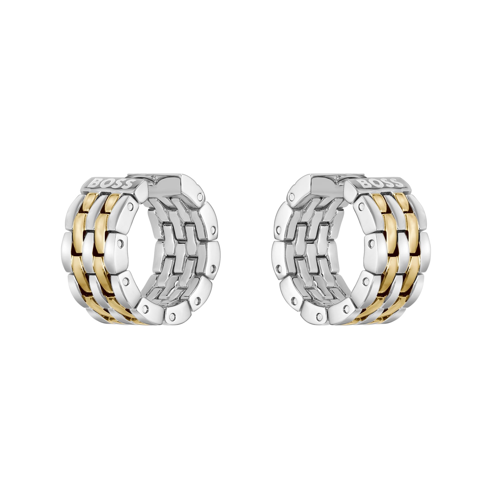 BOSS Ladies BOSS Isla Yellow Gold Coloured and Stainless Steel Mesh Hoop Earrings