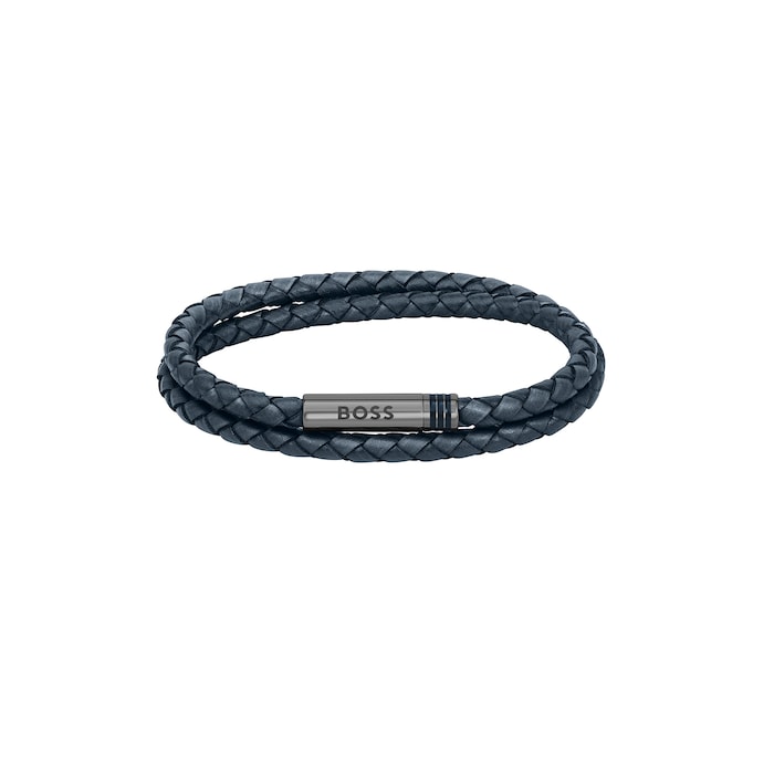 BOSS Mens Ares Navy Leather Bracelet