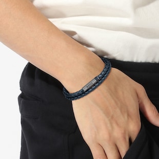 BOSS Mens Ares Navy Leather Bracelet