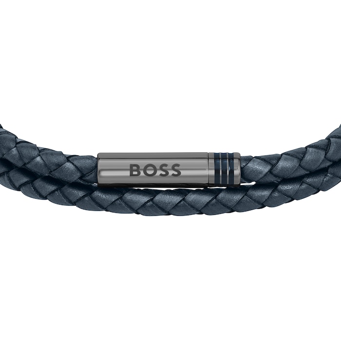 BOSS Mens Ares Navy Leather Bracelet