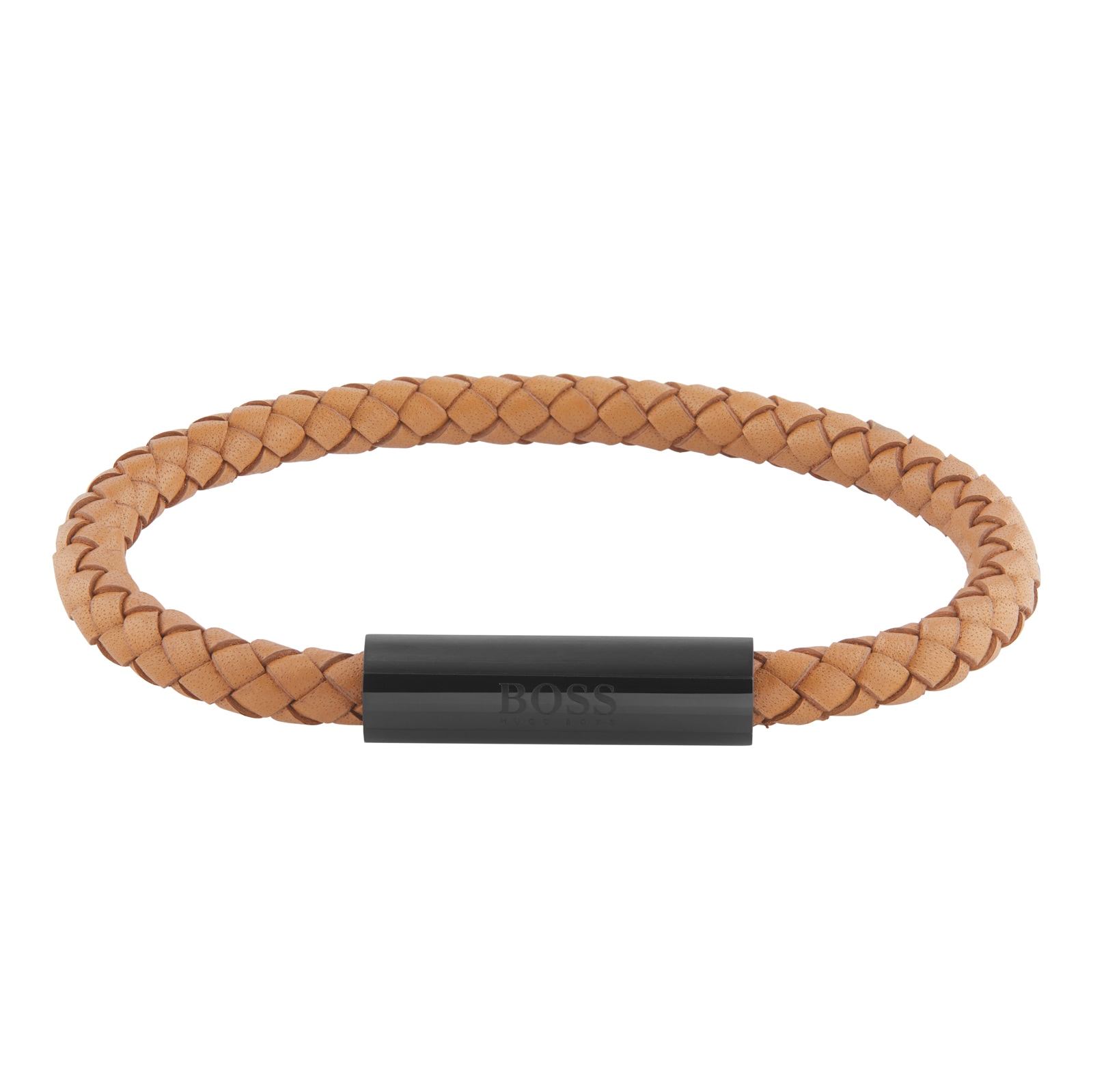 Gents BOSS Brown Leather & Black Coated Stainless Steel Braided Bracelet