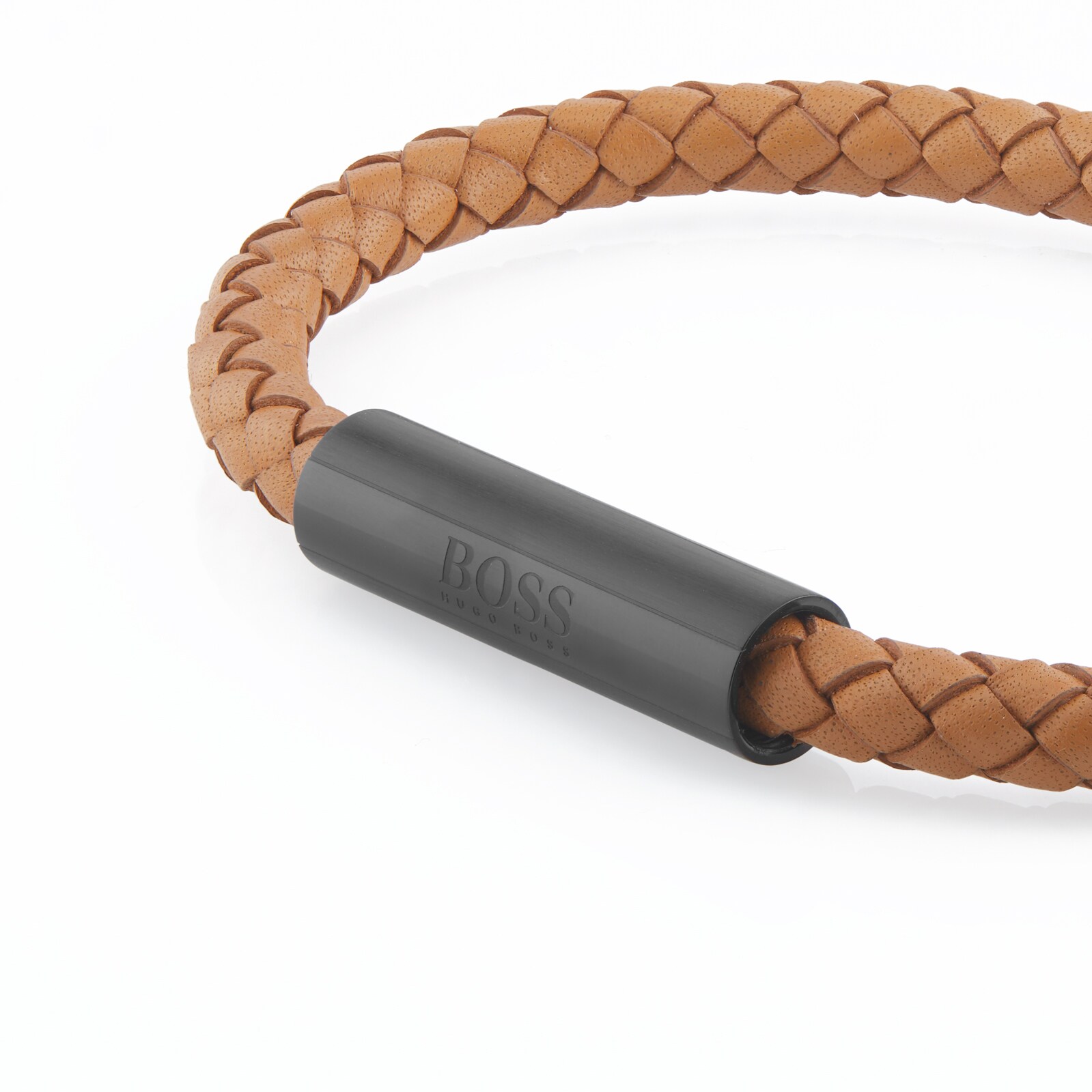 BOSS Gents BOSS Brown Leather & Black Coated Stainless Steel Braided Bracelet