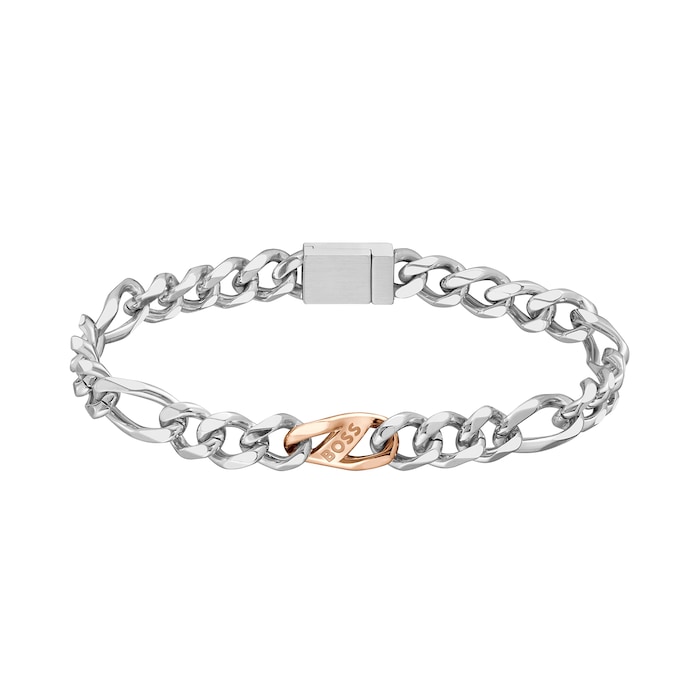 BOSS Gents BOSS Rian Stainless Steel and Rose Gold IP Figaro Bracelet