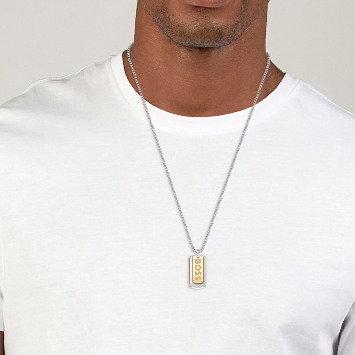 BOSS Gents BOSS Devon Box Chain Stainless Steel and Yellow Gold IP Necklace