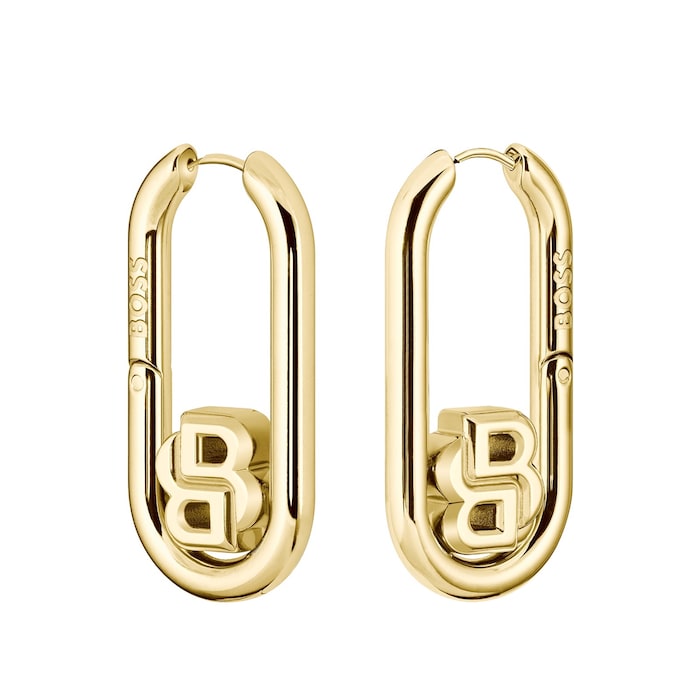 Hugo Boss Ladies BOSS Double B Yellow Gold Coloured Hoop Earrings