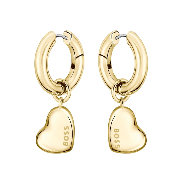 Hugo Boss Ladies BOSS Honey Love Yellow Gold Coloured Heart Charm Hoop Earrings