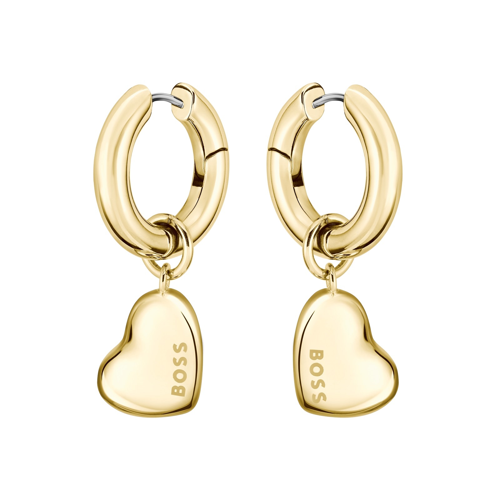 Boss Ladies BOSS Honey Love Yellow Gold Coloured Heart Charm Hoop Earrings