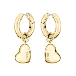 Boss Ladies BOSS Honey Love Yellow Gold Coloured Heart Charm Hoop Earrings