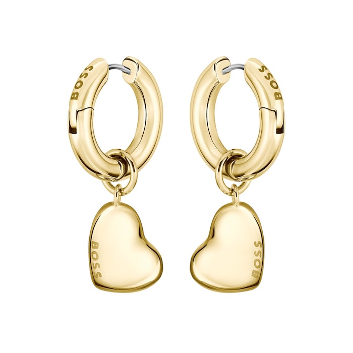 Hugo Boss Ladies BOSS Honey Love Yellow Gold Coloured Heart Charm Hoop Earrings