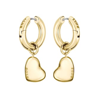 BOSS Ladies BOSS Honey Love Yellow Gold Coloured Heart Charm Hoop Earrings
