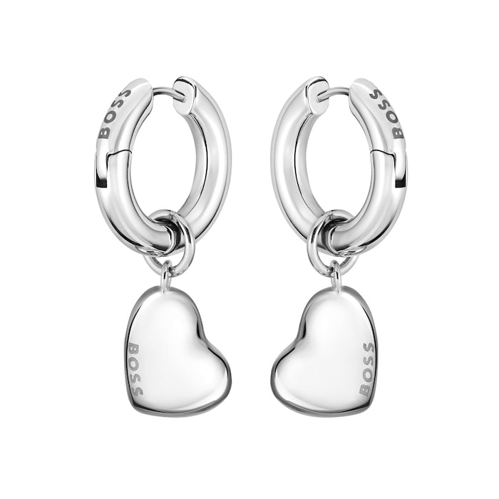 Hugo Boss Ladies BOSS Honey Love Stainless Steel Heart Charm Hoop Earrings