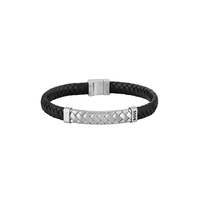 Boss Gents BOSS Tailored Black Leather & Stainless Steel Herringbone Bracelet