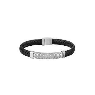 BOSS Gents BOSS Tailored Black Leather & Stainless Steel Herringbone Bracelet