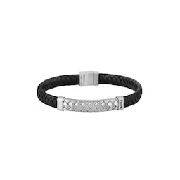 37990562 - Gents BOSS Tailored Black Leather & Stainless Steel Herringbone Bracelet