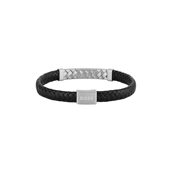 BOSS Gents BOSS Tailored Black Leather & Stainless Steel Herringbone Bracelet