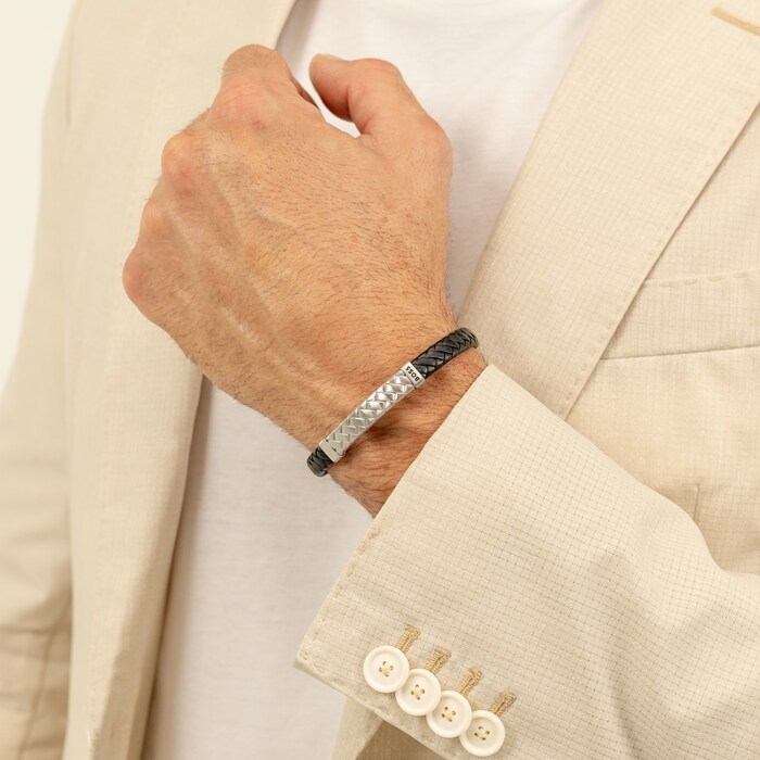 Boss Gents BOSS Tailored Black Leather & Stainless Steel Herringbone Bracelet