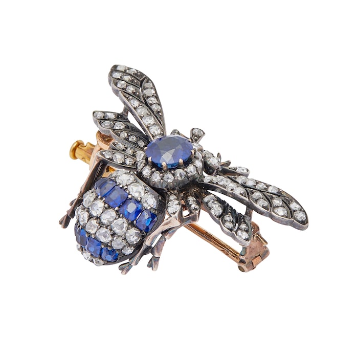 Vintage And Estate Jewelry 18k White and Yellow Gold 5.00cttw Diamond and 2.60cttw Sapphire Bee Pin