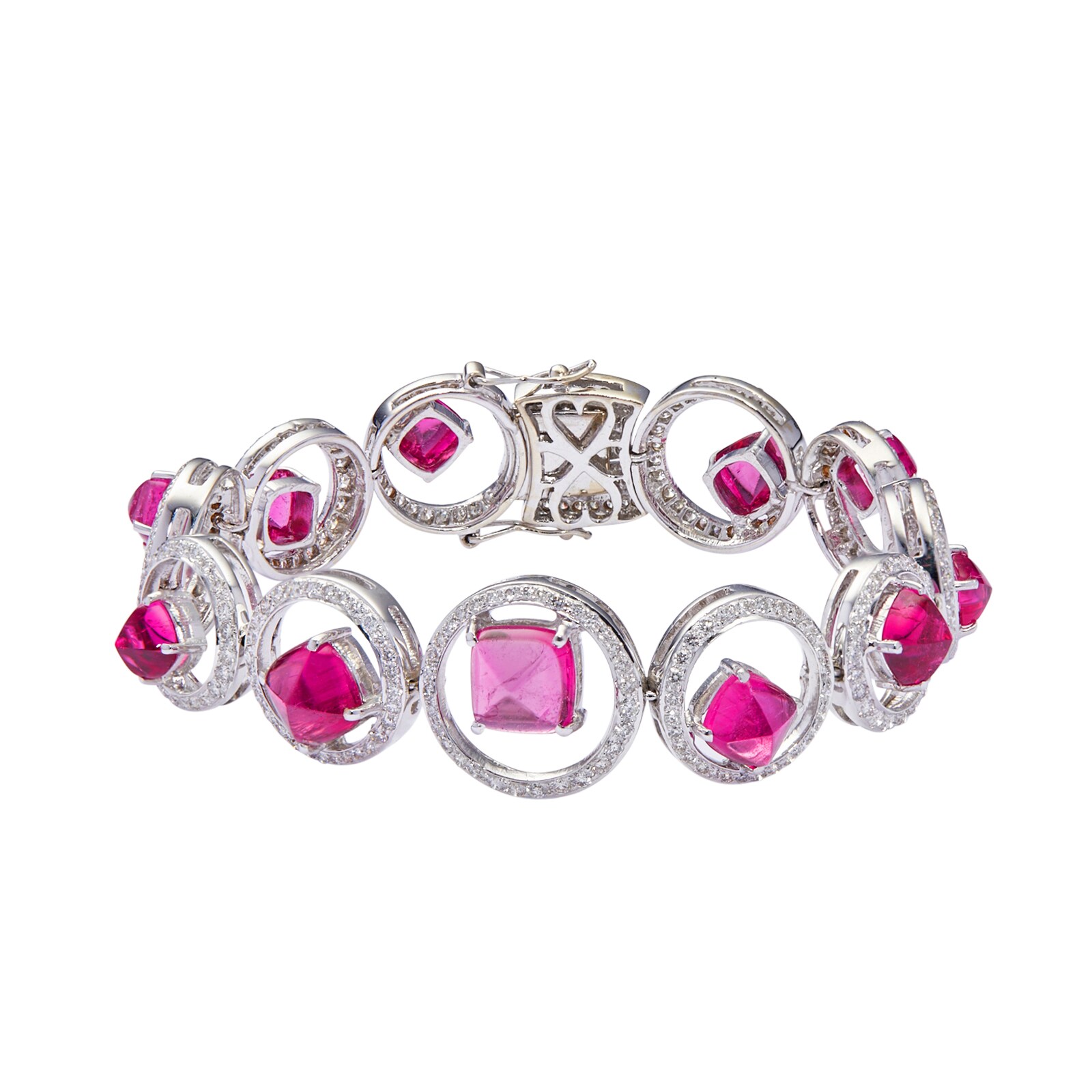 Vintage And Estate Jewelry 18k White Gold Diamond and Pink Tourmaline Bracelet 7"