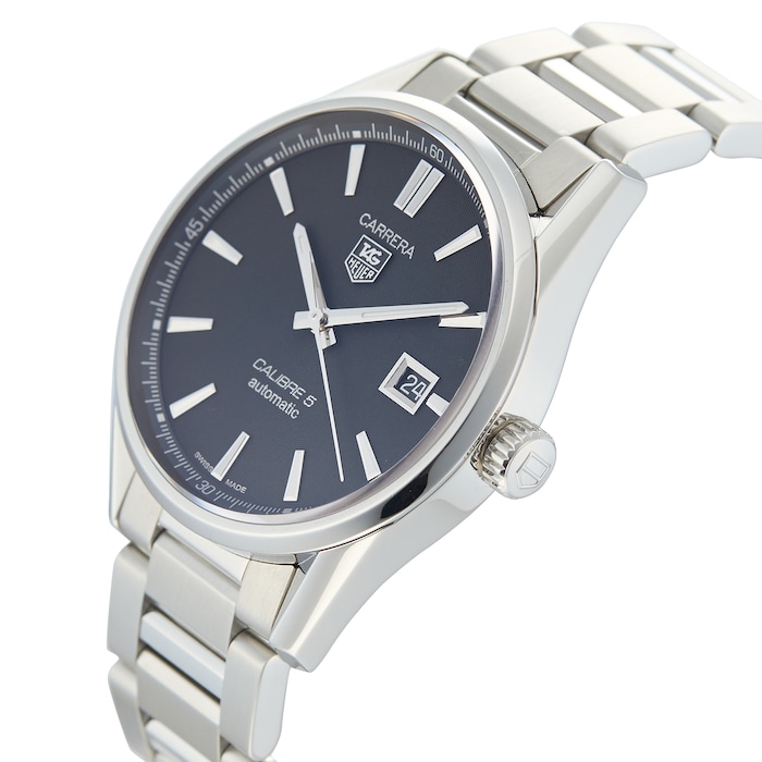 Pre-Owned TAG Heuer Carrera Calibre 5 Black Steel Mens Watch WAR211A.BA0782