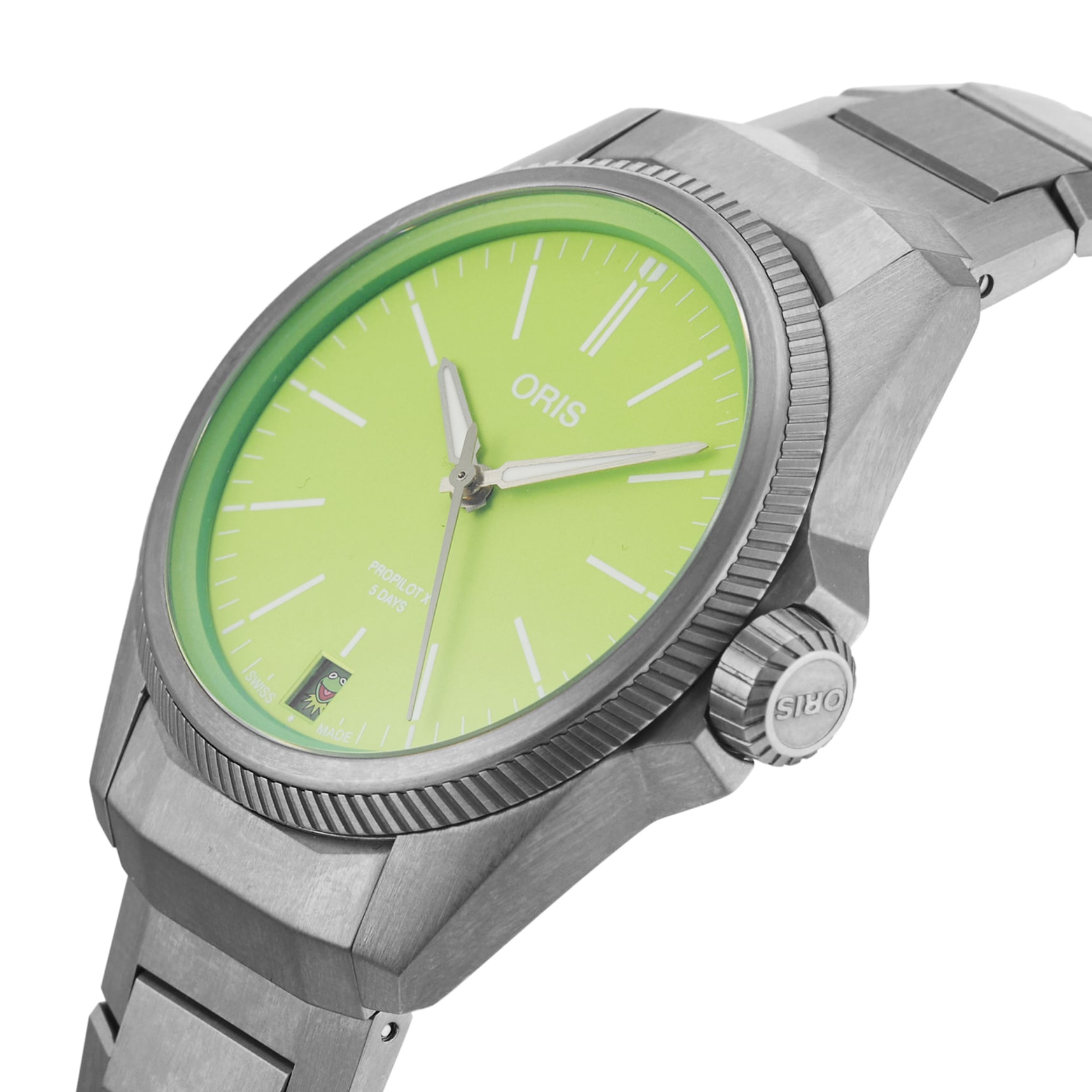 Pre-Owned Oris ProPilot X Kermit Edition 39mm Titanium 01 400 7778 7157-Set Pre-Owned Oris ProPilot X Kermit Edition 39mm Titanium 01 400 7778 7157-Set