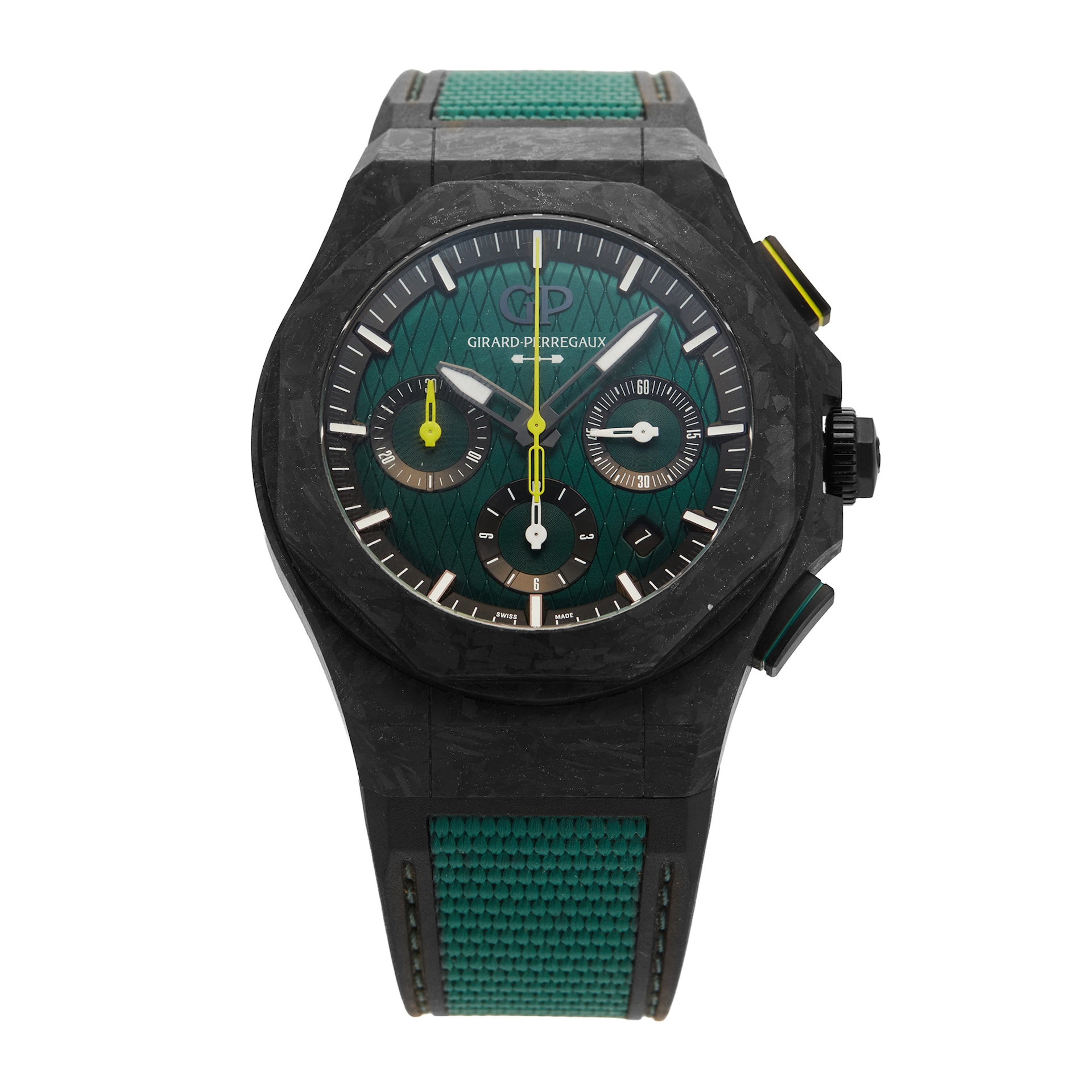 Pre-Owned Girard Perregaux Laureato Absolute Chronograph Aston Martin F1 Edition 44mm Titanium and Carbon Pre-Owned Girard Perregaux Laureato Absolute Chronograph Aston Martin F1 Edition 44mm Titanium and Carbon