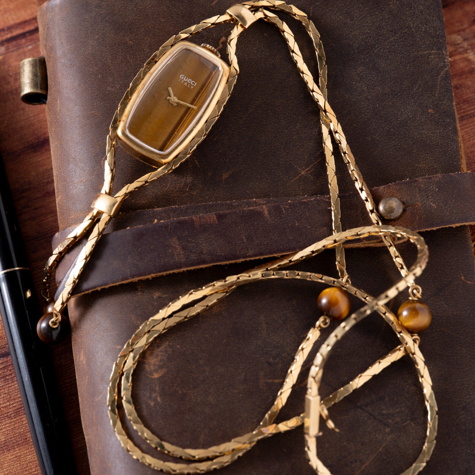 Pre-Owned Gucci Tiger's Eye Sautoir Timepiece Necklace