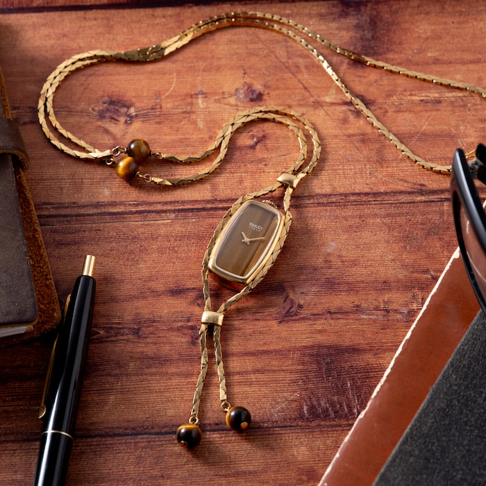 Pre-Owned Gucci Tiger's Eye Sautoir Timepiece Necklace