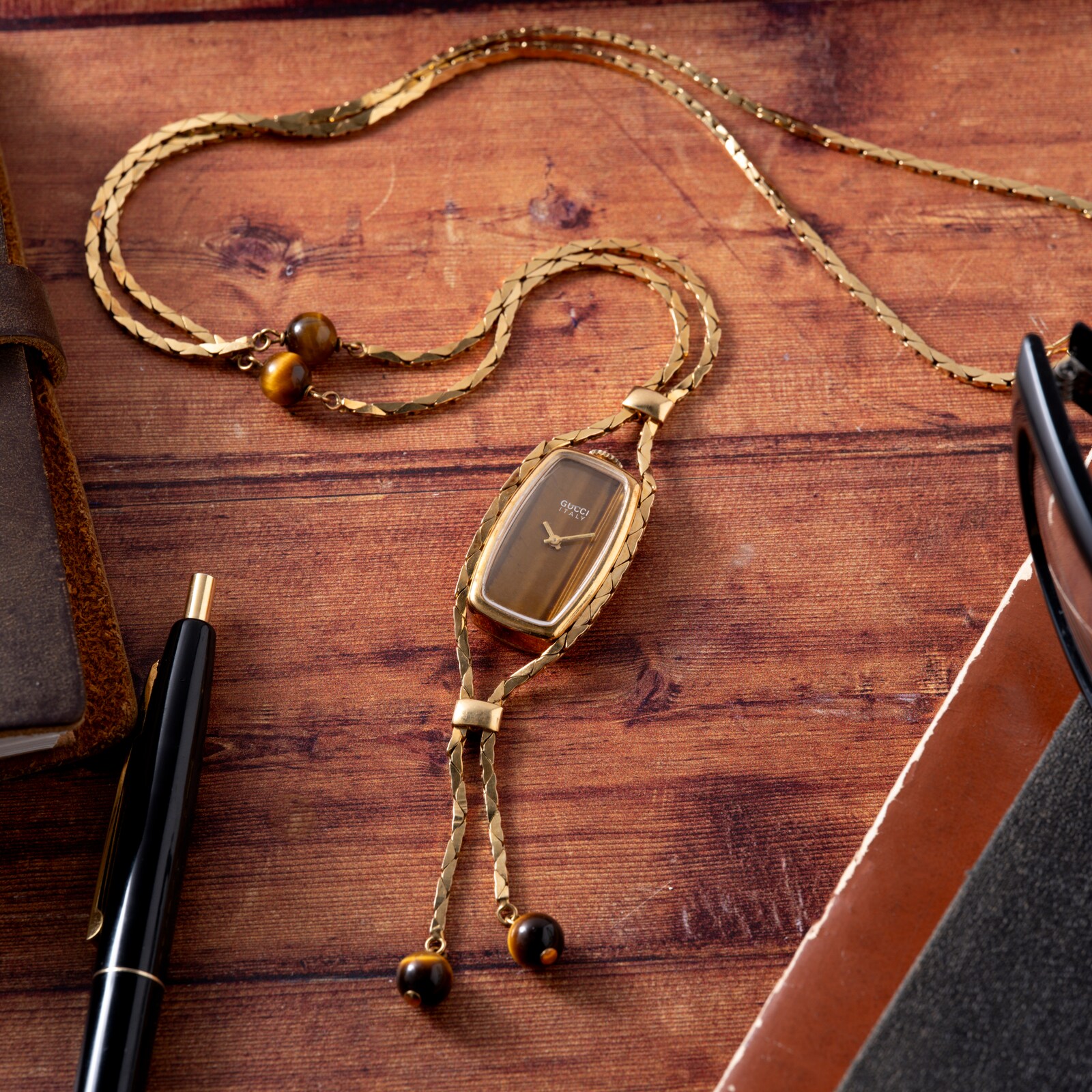 Pre-Owned Gucci Tiger's Eye Sautoir Timepiece Necklace