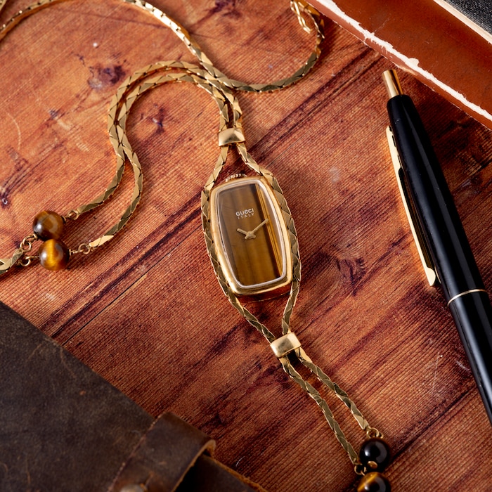 Pre-Owned Gucci Tiger's Eye Sautoir Timepiece Necklace