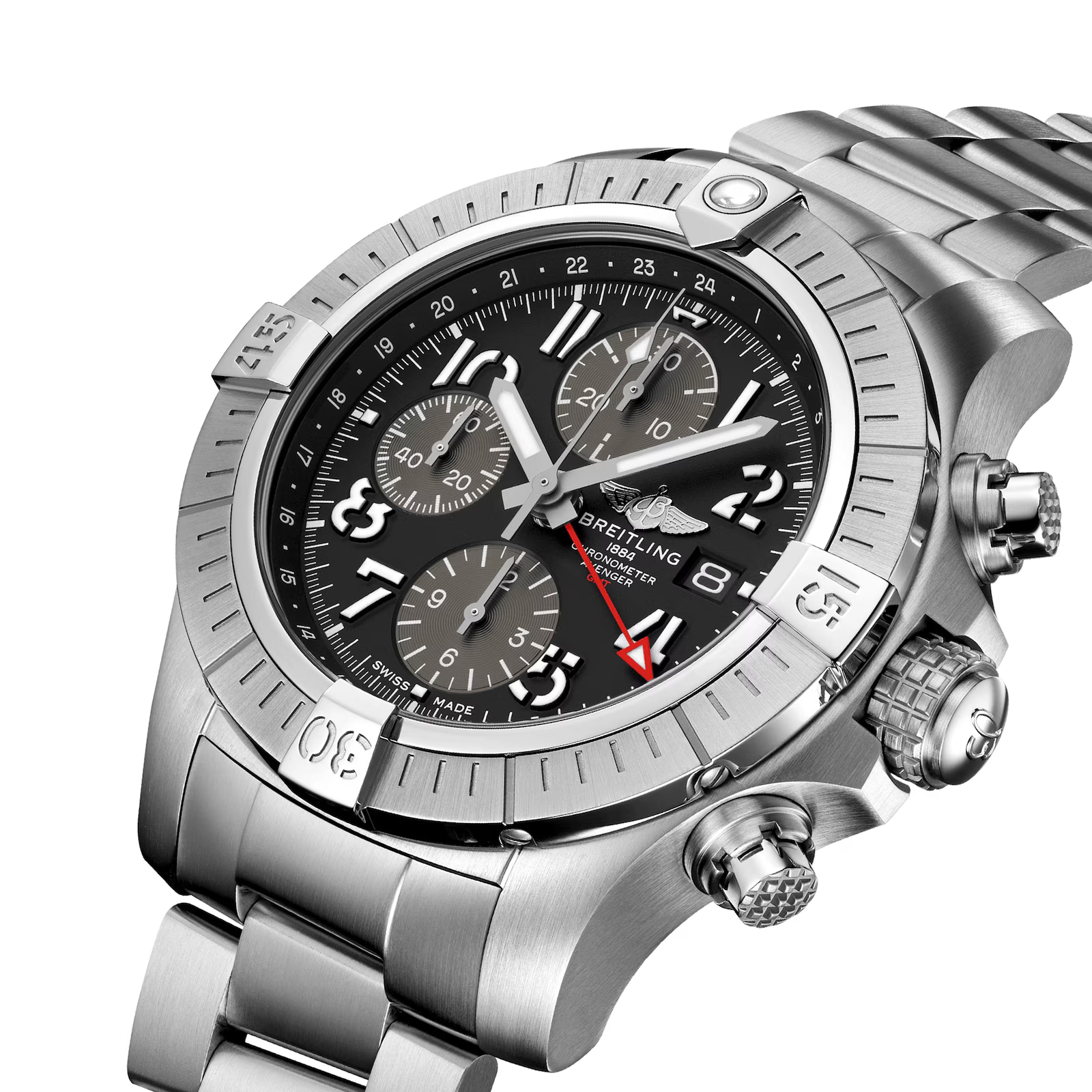 Pre-Owned Breitling Avenger Chronograph GMT 45 Stainless Steel 45mm Automatic Mens Watch Pre-Owned Breitling Avenger Chronograph GMT 45 Stainless Steel 45mm Automatic Mens Watch
