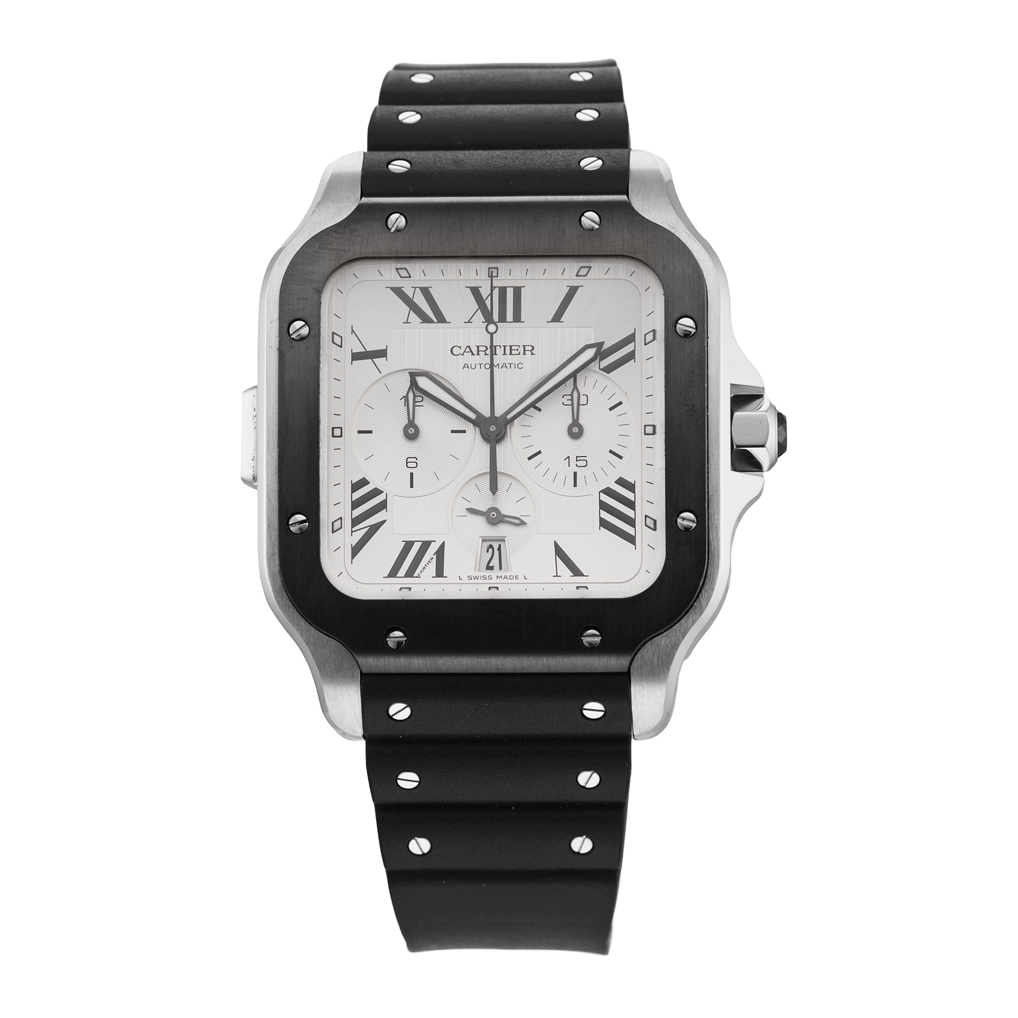 Ex-Display Cartier Santos De Cartier Chronograph Extra-Large Model, Movement, Steel, ADLC, Interchangeable Rubber And Leather Bracelets 44mm Automatic Mens Watch Ex-Display Cartier Santos De Cartier Chronograph Extra-Large Model, Movement, Steel, ADLC, Interchangeable Rubber And Leather Bracelets 44mm Automatic Mens Watch